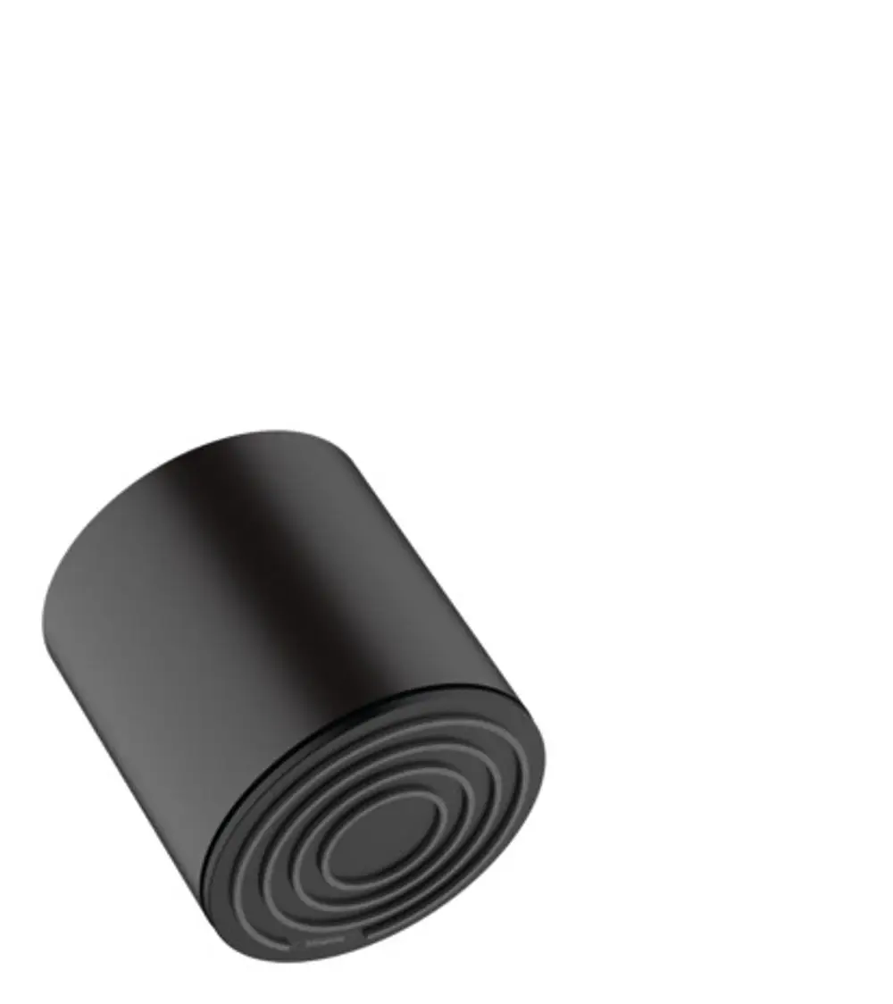 Kreisrunde Brause in Mattschwarz mit spiralförmigem Design, auf einem weißen Hintergrund platziert. Produkt von Hansgrohe, ideal für moderne Badezimmer.